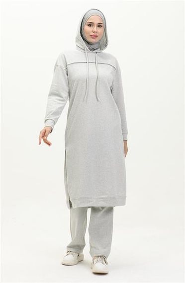 Long Tunic Hooded Double Sport Suit with Side Slits - Gray - AK06006.03034 - photo 1