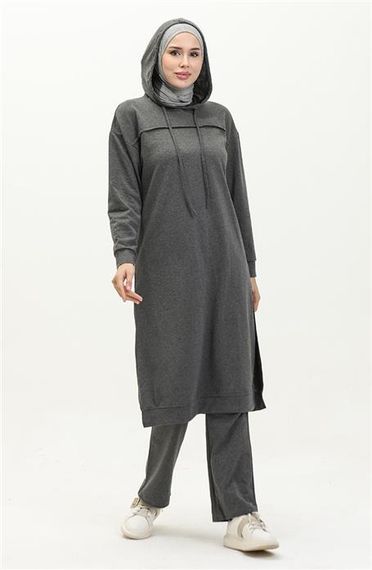 Long Tunic Hooded Double Sport Suit with Side Slits - Anthracite - AK06006.03034 - photo 2