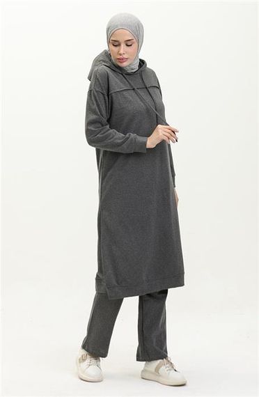 Long Tunic Hooded Double Sport Suit with Side Slits - Anthracite - AK06006.03034 - photo 4