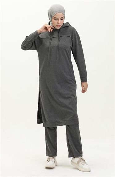 Long Tunic Hooded Double Sport Suit with Side Slits - Anthracite - AK06006.03034 - photo 5