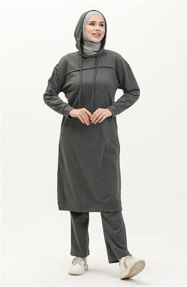 Long Tunic Hooded Double Sport Suit with Side Slits - Anthracite - AK06006.03034 - photo 3