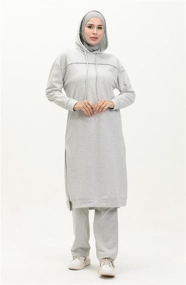 Long Tunic Hooded Double Sport Suit with Side Slits - Gray - AK06006.03034 - photo 4