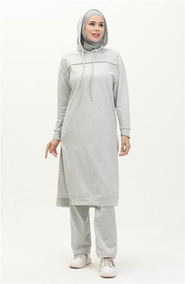 Long Tunic Hooded Double Sport Suit with Side Slits - Gray - AK06006.03034 - photo 3