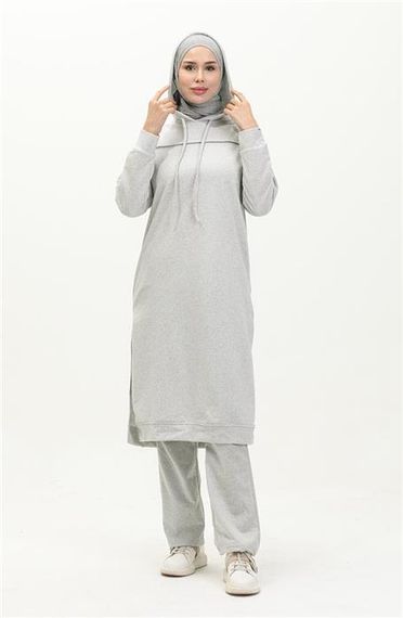 Long Tunic Hooded Double Sport Suit with Side Slits - Gray - AK06006.03034 - photo 2