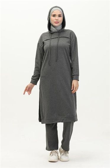 Long Tunic Hooded Double Sport Suit with Side Slits - Anthracite - AK06006.03034 - photo 1