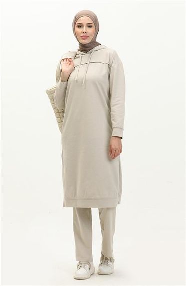 Long Tunic Hooded Double Sport Suit with Side Slits - Ecru - AK06006.03034 - photo 1