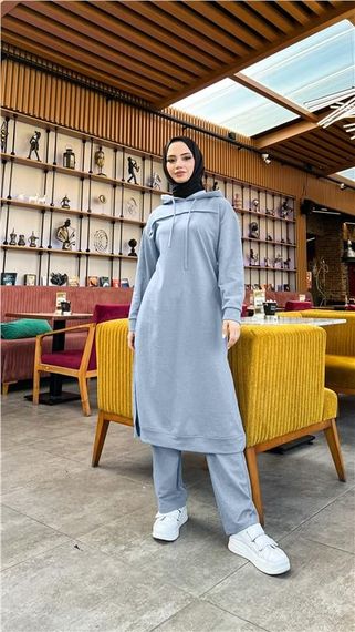 Long Tunic Hooded Double Sport Suit with Side Slits - Ecru - AK06006.03034 - photo 2