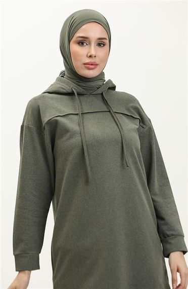 Long Tunic Hooded Double Sport Suit with Side Slits - Khaki - AK06006.03034 - photo 3