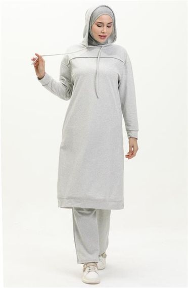 Long Tunic Hooded Double Sport Suit with Side Slits - Gray - AK06006.03034 - photo 5