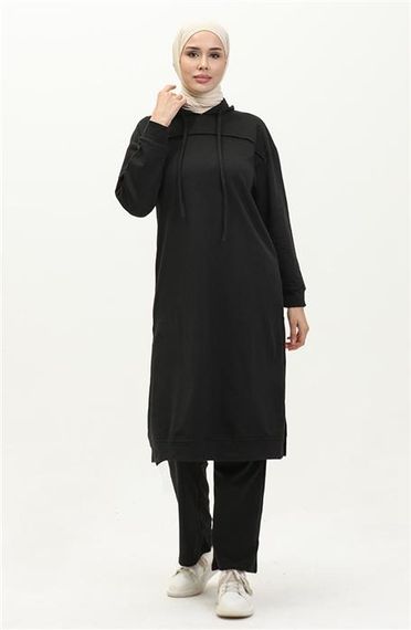 Long Tunic Hooded Double Sport Suit with Side Slits - Black - AK06006.03034 - photo 1