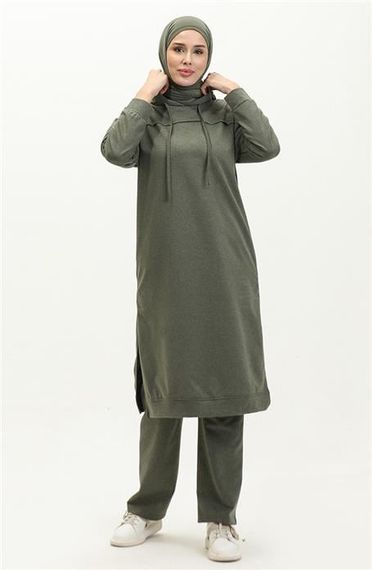 Long Tunic Hooded Double Sport Suit with Side Slits - Khaki - AK06006.03034 - photo 1