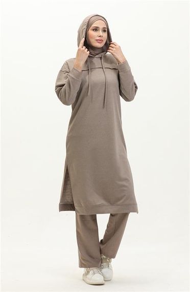 Long Tunic Hooded Double Sport Suit with Side Slits - Mink - AK06006.03034 - photo 2