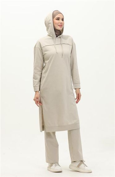 Long Tunic Hooded Double Sport Suit with Side Slits - Ecru - AK06006.03034 - photo 3