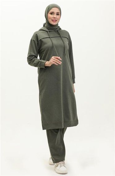 Long Tunic Hooded Double Sport Suit with Side Slits - Khaki - AK06006.03034 - photo 2