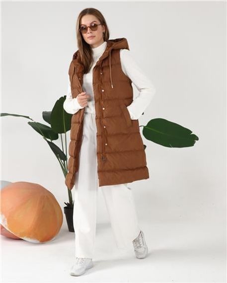 Hooded Sleeveless Long Puffer Vest - 70040 - Tan - photo 3