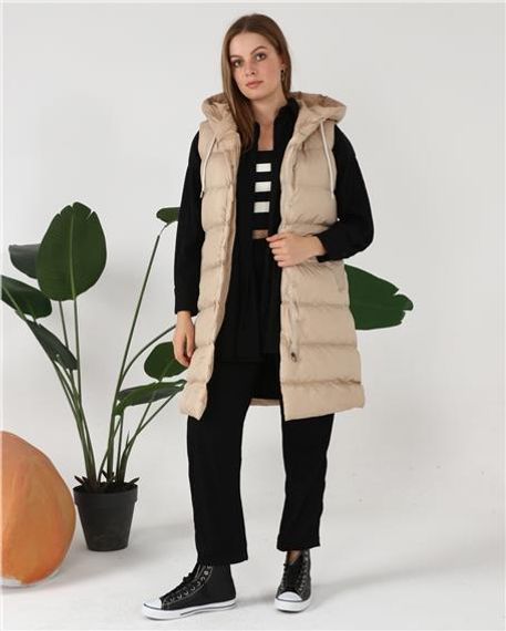 Hooded Sleeveless Long Puffer Vest - 70040 - Beige - photo 2