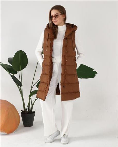 Hooded Sleeveless Long Puffer Vest - 70040 - Tan - photo 2