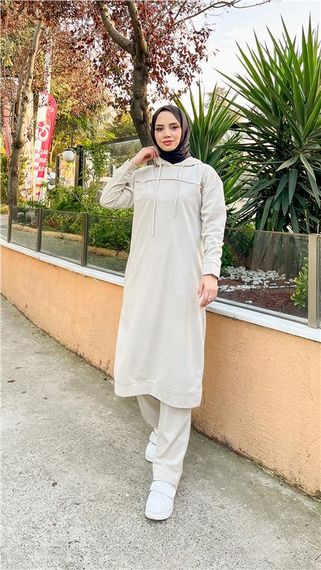 Long Tunic Hooded Double Sport Suit with Side Slits - Ecru - AK06006.03034 - photo 5