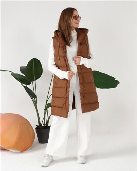 Hooded Sleeveless Long Puffer Vest - 70040 - Tan - photo 4