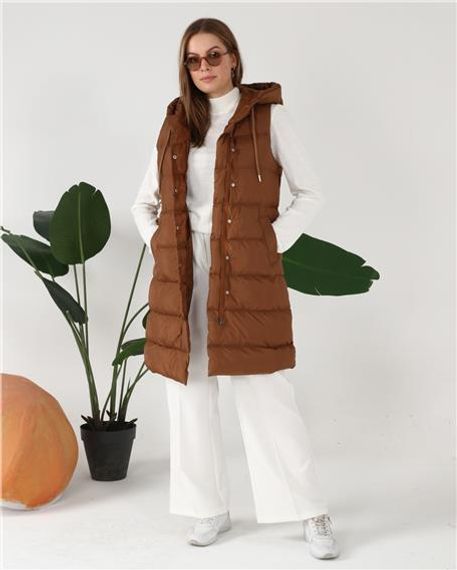 Hooded Sleeveless Long Puffer Vest - 70040 - Tan - photo 1