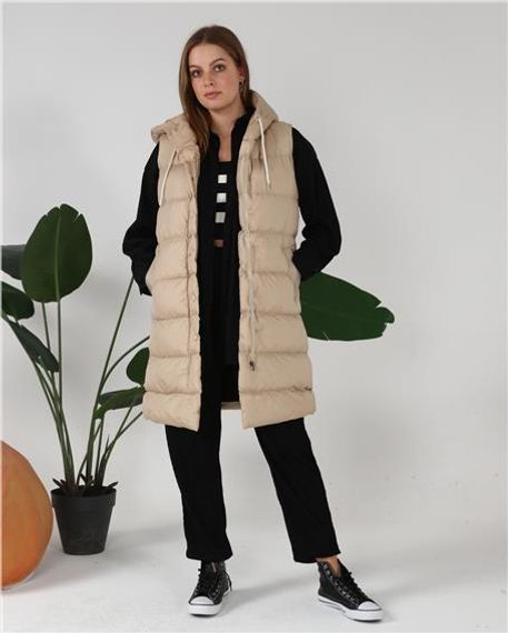 Hooded Sleeveless Long Puffer Vest - 70040 - Beige - photo 1