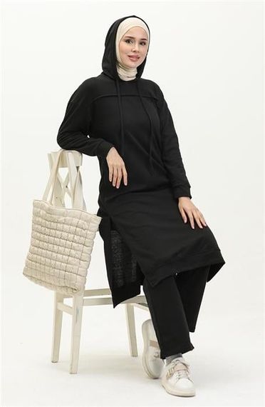 Long Tunic Hooded Double Sport Suit with Side Slits - Black - AK06006.03034 - photo 5