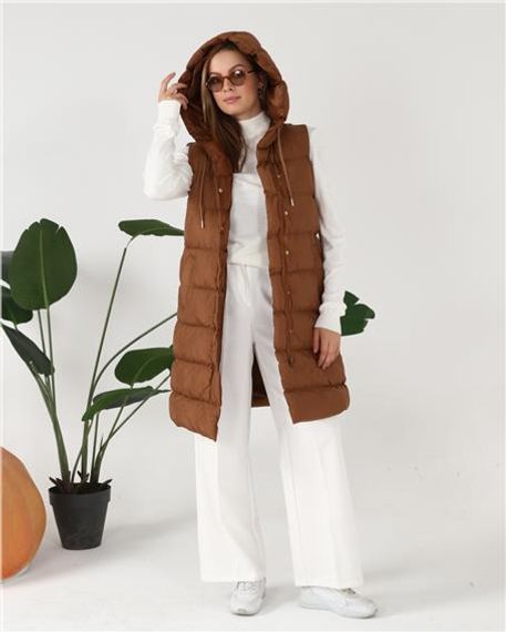 Hooded Sleeveless Long Puffer Vest - 70040 - Tan - photo 5