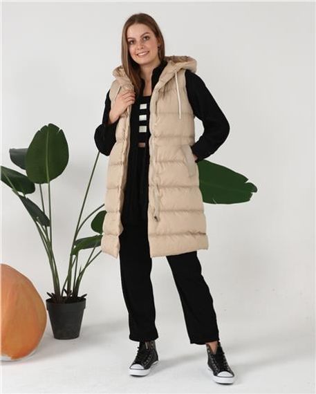 Hooded Sleeveless Long Puffer Vest - 70040 - Beige - photo 4