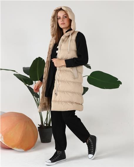 Hooded Sleeveless Long Puffer Vest - 70040 - Beige - photo 5