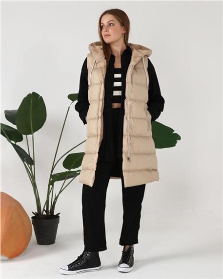 Hooded Sleeveless Long Puffer Vest - 70040 - Beige - photo 3