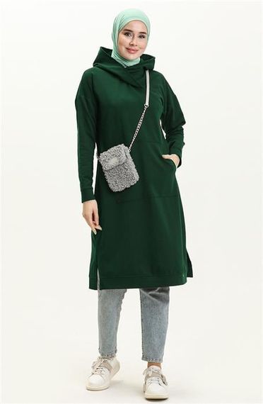 Moon Collar Detailed Hooded Plain Basic Sweatshirt - 3032 - Emerald - photo 1