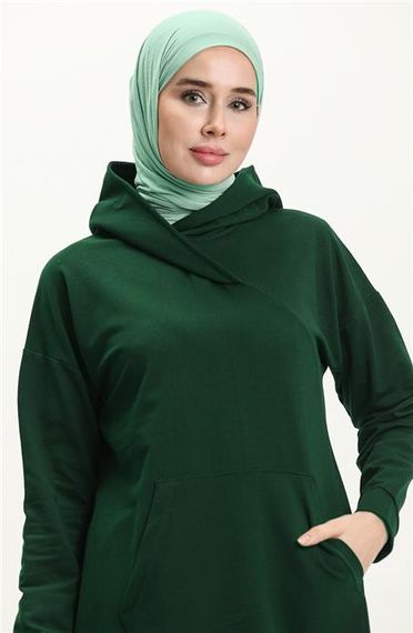 Moon Collar Detailed Hooded Plain Basic Sweatshirt - 3032 - Emerald - photo 3