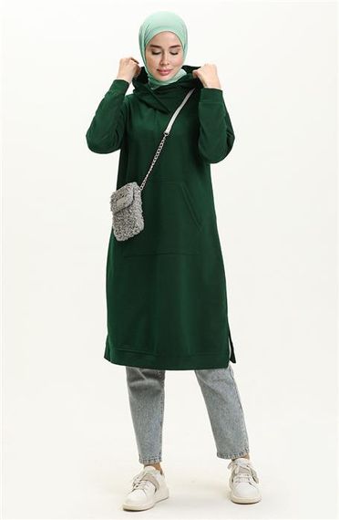 Moon Collar Detailed Hooded Plain Basic Sweatshirt - 3032 - Emerald - photo 2