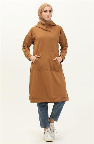 Moon Collar Detailed Hooded Plain Basic Sweatshirt - Tan - AK01010.03032 - photo 1