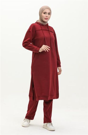 Long Tunic Hooded Double Sport Suit with Side Slits - Claret Red - AK06006.03034 - photo 4