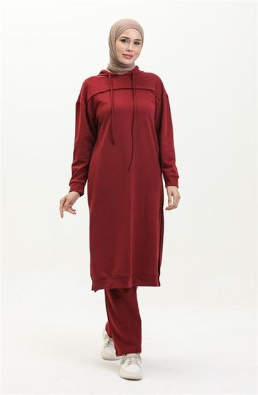 Long Tunic Hooded Double Sport Suit with Side Slits - Claret Red - AK06006.03034 - photo 1