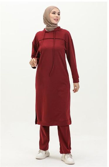 Long Tunic Hooded Double Sport Suit with Side Slits - Claret Red - AK06006.03034 - photo 3