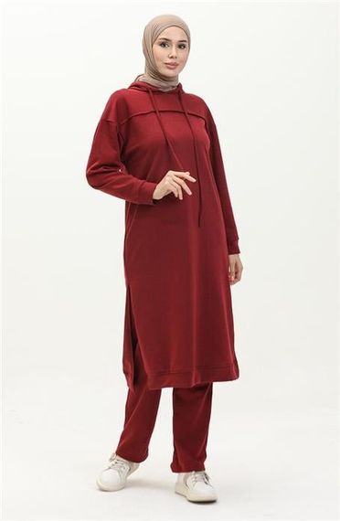 Long Tunic Hooded Double Sport Suit with Side Slits - Claret Red - AK06006.03034 - photo 2