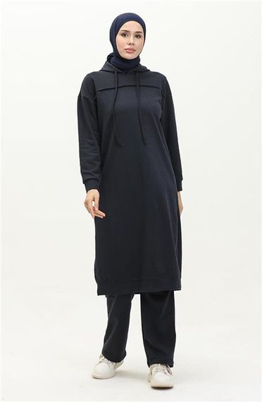 Long Tunic Hooded Double Sport Suit with Side Slits - Navy Blue - AK06006.03034 - photo 1