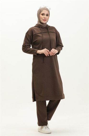 Long Tunic Hooded Double Sport Suit with Side Slits - Brown - AK06006.03034 - photo 1