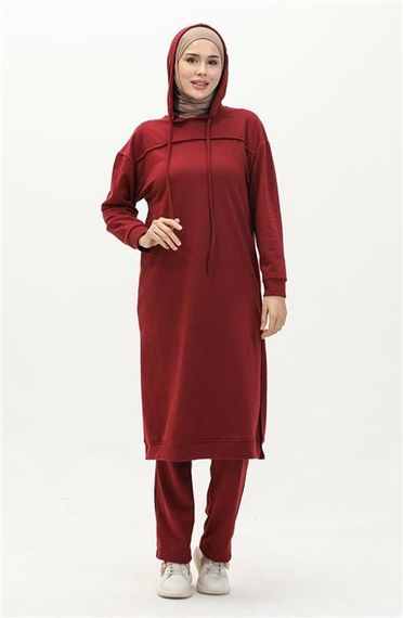 Long Tunic Hooded Double Sport Suit with Side Slits - Claret Red - AK06006.03034 - photo 5