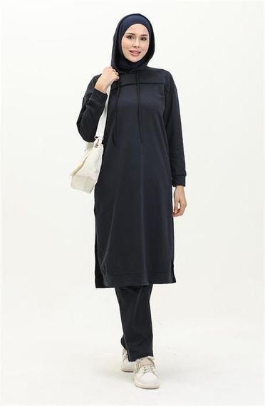 Long Tunic Hooded Double Sport Suit with Side Slits - Navy Blue - AK06006.03034 - photo 5