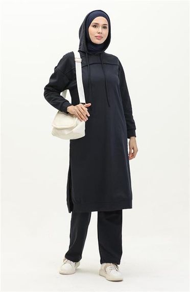 Long Tunic Hooded Double Sport Suit with Side Slits - Navy Blue - AK06006.03034 - photo 4