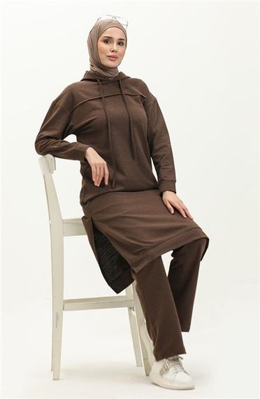 Long Tunic Hooded Double Sport Suit with Side Slits - Brown - AK06006.03034 - photo 2