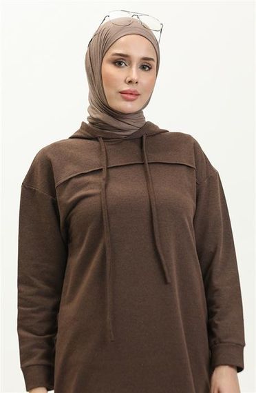 Long Tunic Hooded Double Sport Suit with Side Slits - Brown - AK06006.03034 - photo 3