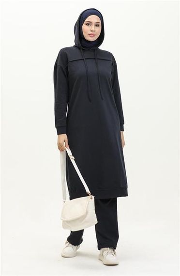 Long Tunic Hooded Double Sport Suit with Side Slits - Navy Blue - AK06006.03034 - photo 3