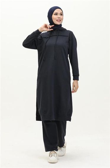 Long Tunic Hooded Double Sport Suit with Side Slits - Navy Blue - AK06006.03034 - photo 2