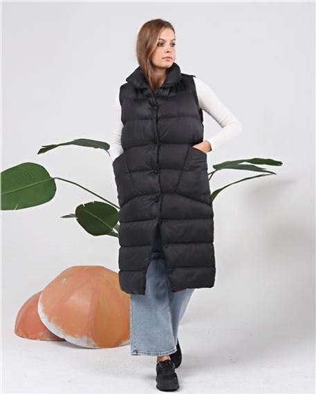 Snap Fastened Sleeveless Long Puffer Vest - 70944 - Black - photo 1