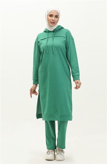 Long Tunic Hooded Double Sport Suit with Side Slits - Benetton Green - AK06006.03034 - photo 1