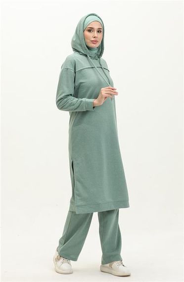 Long Tunic Hooded Side Slit Double Sports Suit - Green - AK06006.03034 - photo 2